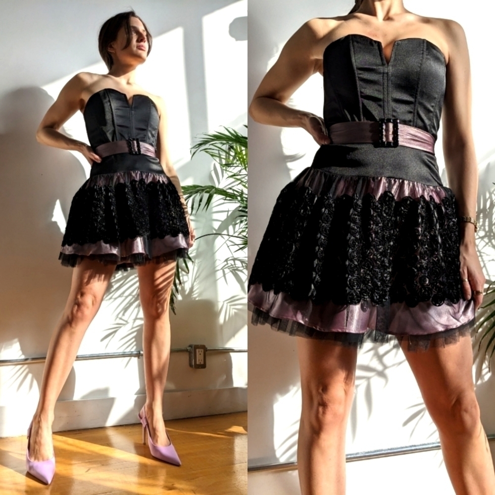 Vintage McLintock Gunne Sax Dress, Black pink Strapless Prom Dress